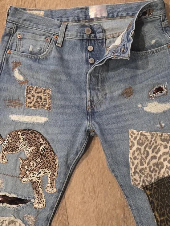 LEVI Button Fly 501 32x34 Upcycled Patchwork Jeans By ThreadsReclaimed - Picture 12 of 16